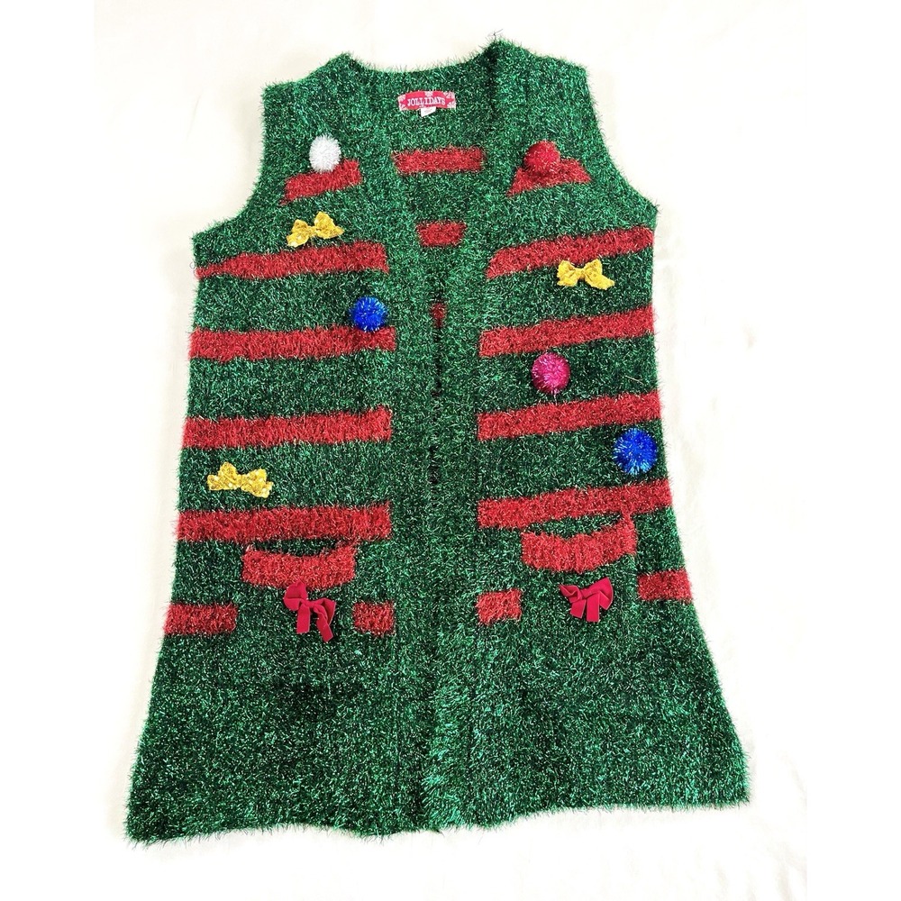 Jollidays Ugly Christmas Sweater Vest Women Medium Tinsel Metallic Long Cardigan